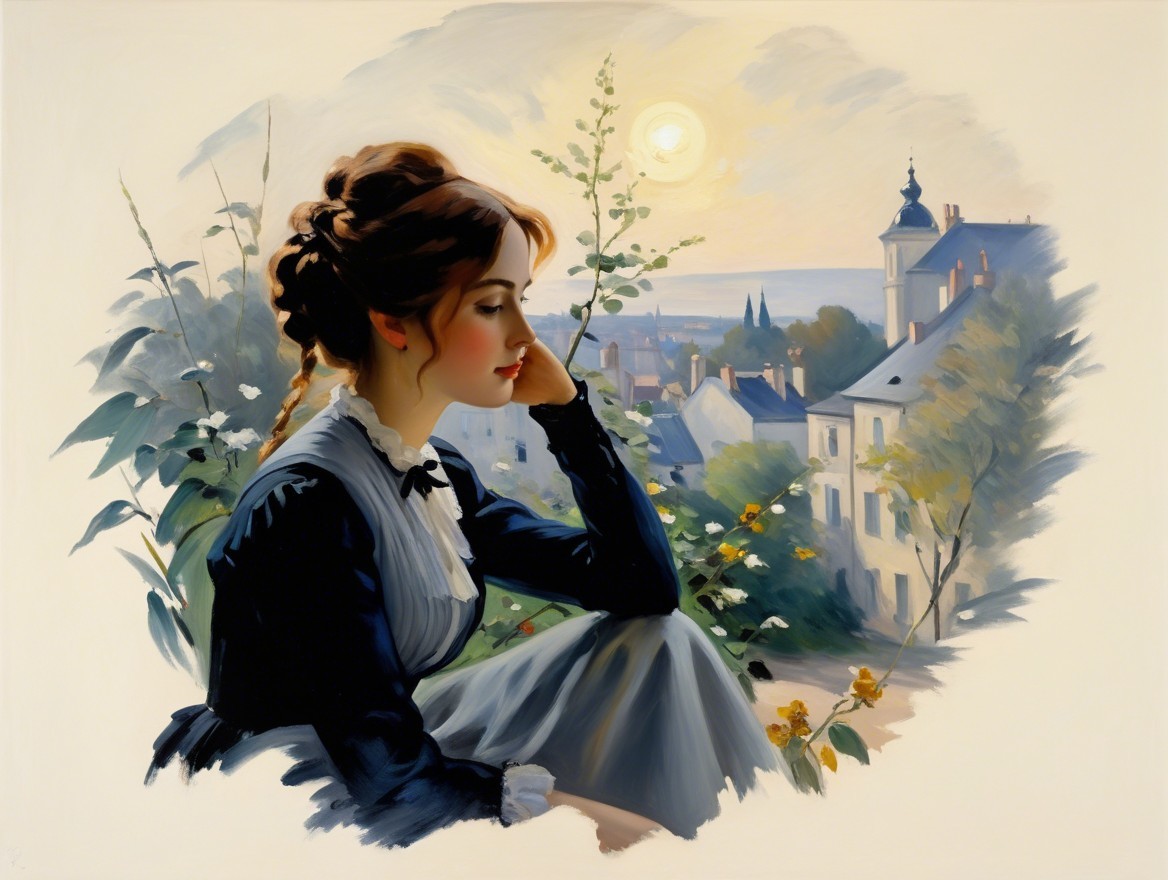 Contemplative Young Woman in Vintage Dress by Window