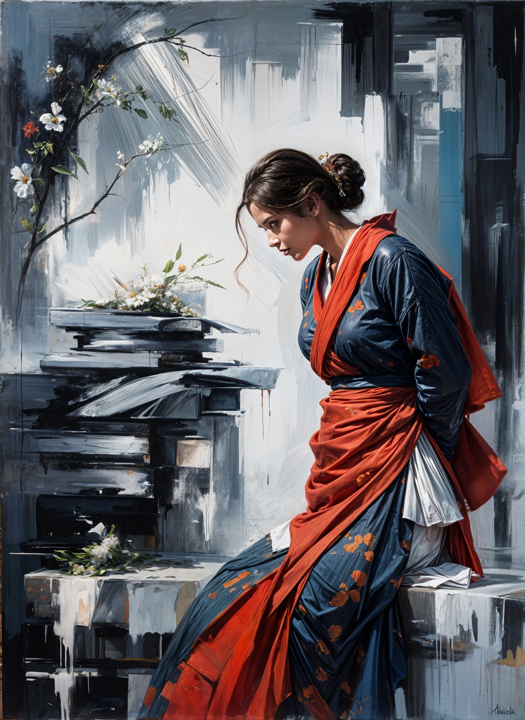 Young woman in vibrant kimono surrounded by abstract florals