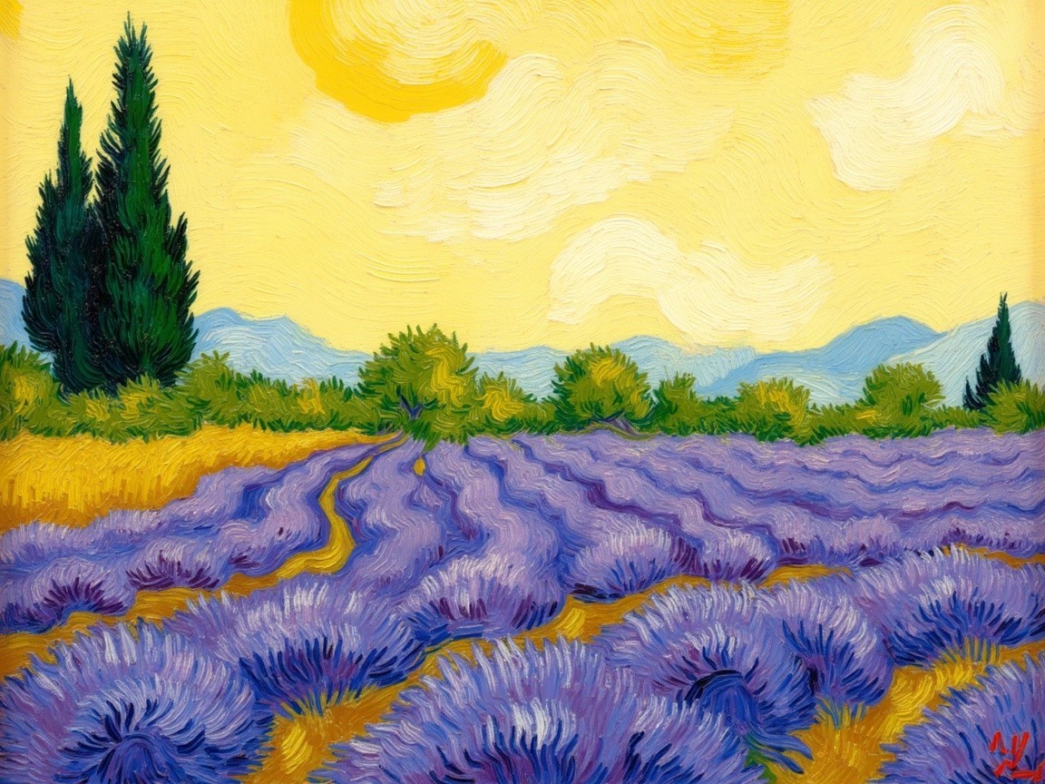 Vibrant Lavender Fields Under Yellow Sky Landscape