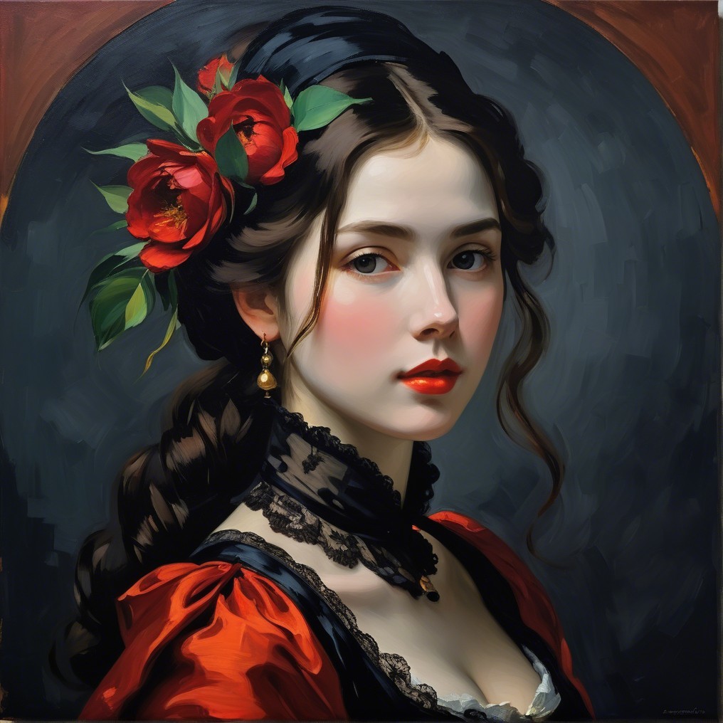 Portrait of a Young Woman in Crimson Gown with Flowers