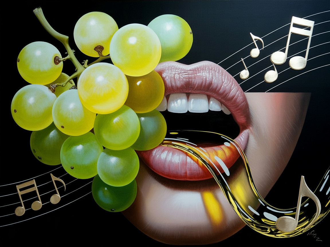 Vibrant Artwork of Lips and Grapes with Musical Notes
