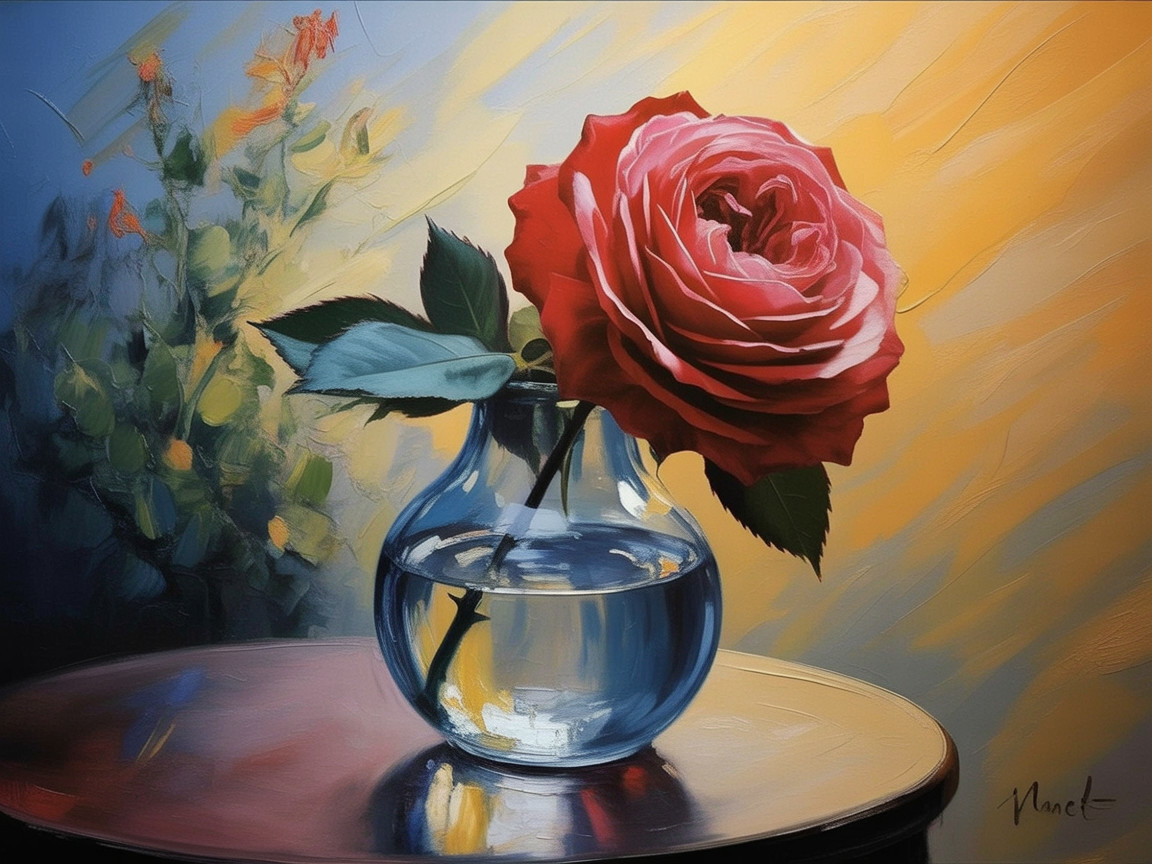 Vibrant Rose in Glass Vase on Wooden Table