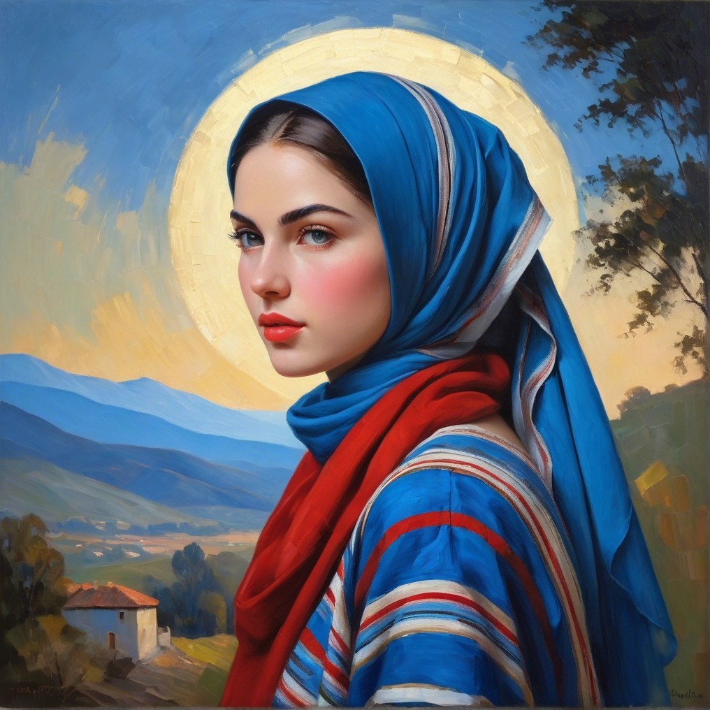 Young Woman in Blue Scarf Against Serene Landscape