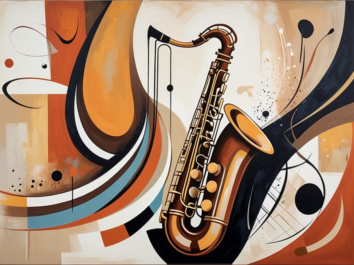 Vibrant Abstract Painting with Golden Saxophone and Music Elements