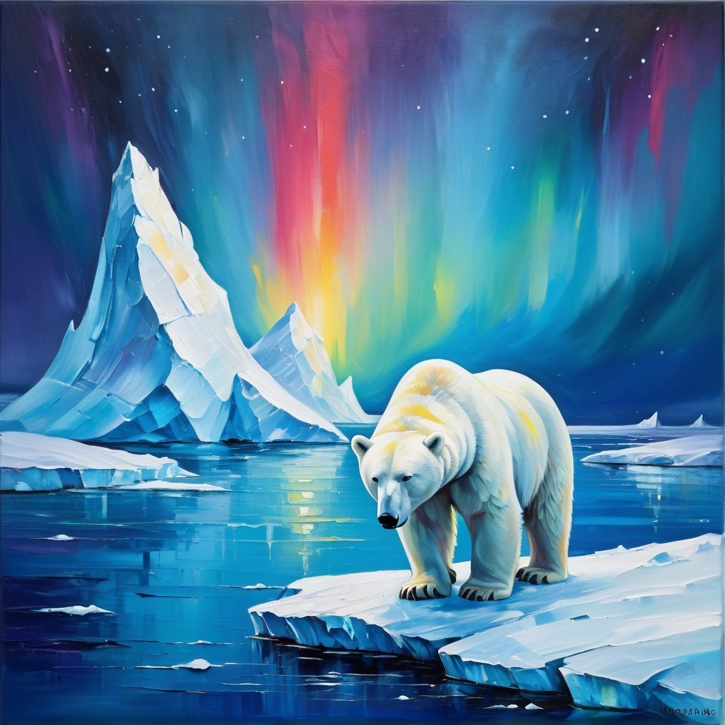 Polar Bear on Ice Floe Under Aurora Borealis
