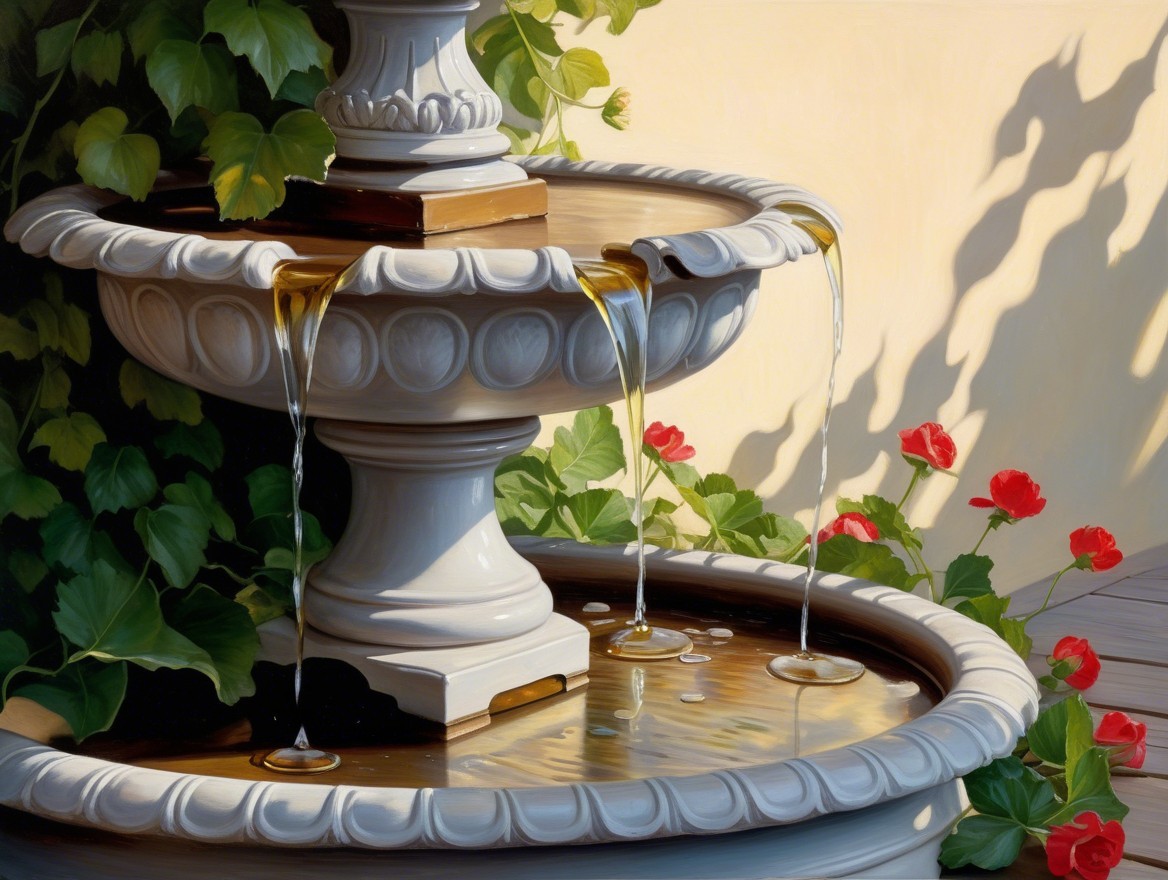 Two-Tier Stone Fountain Surrounded by Vibrant Flowers