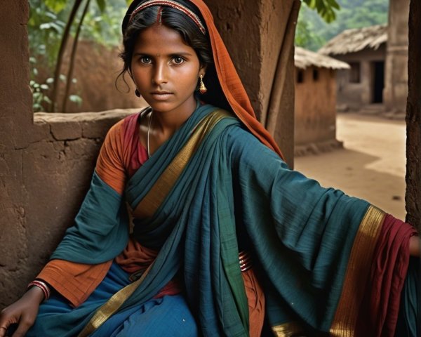 Young Woman in Traditional Saree in Rustic Setting