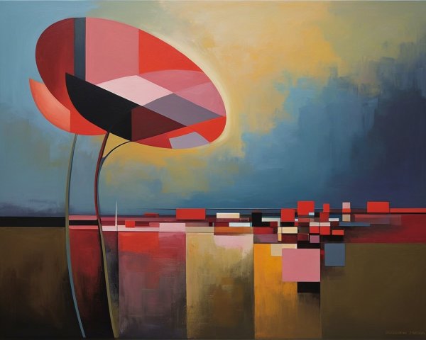 Abstract Painting with Stylized Flowers and Geometric Shapes