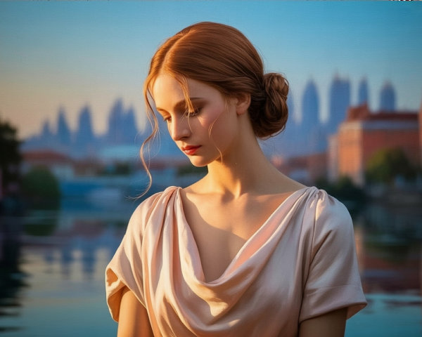 Serene Young Woman with Auburn Hair by Water Scene