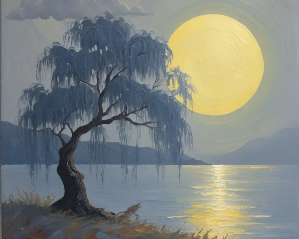 Serene Landscape with Golden Full Moon and Mountains