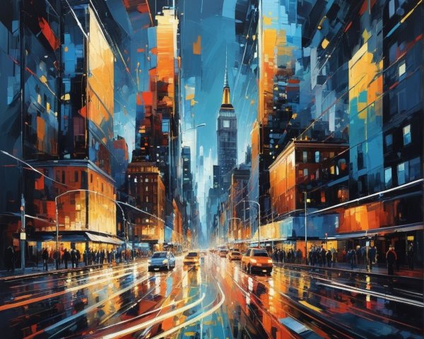 Vibrant cityscape with illuminated skyscrapers at dusk