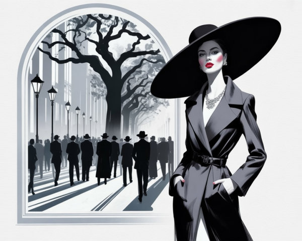 Stylish Woman in Black Suit Against Gray-Scale Crowd