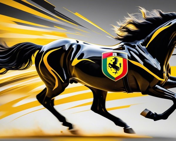 Dynamic Black Horse with Ferrari Logo and Motion Streaks