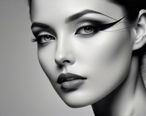 Black-and-white portrait of a woman with dramatic makeup