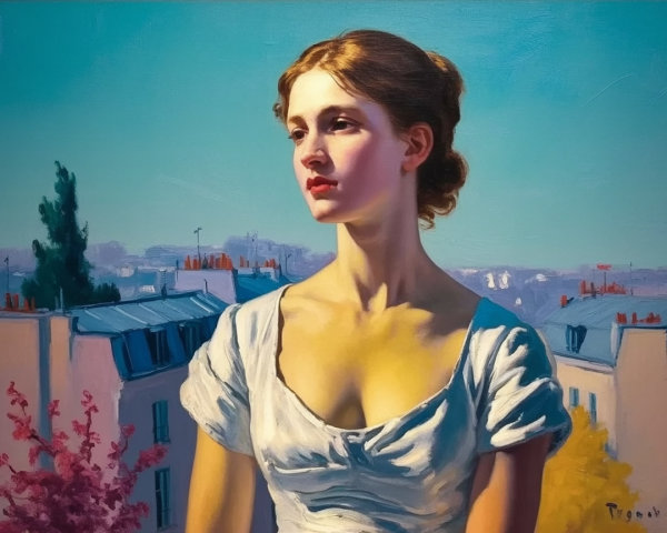 Young Woman in White Garment Against Parisian Backdrop