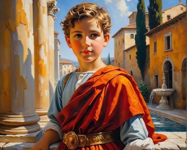 Young Boy in Red Cloak in Historic Courtyard