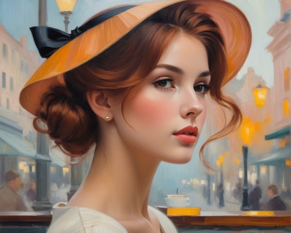 Young woman in straw hat against vintage street scene