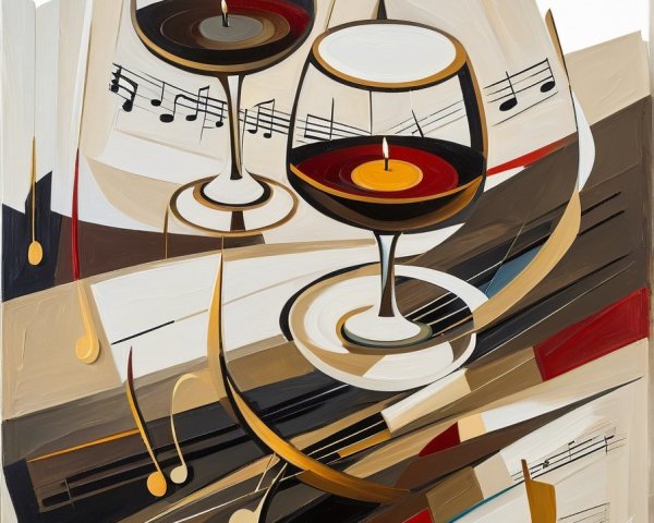 Glasses with Dark Liquid Against Musical Backdrop
