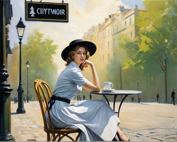 Stylish Woman in Serene Urban Café Setting