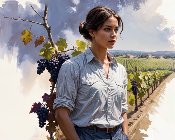 Young Woman in Vineyard Surrounded by Grape Vines