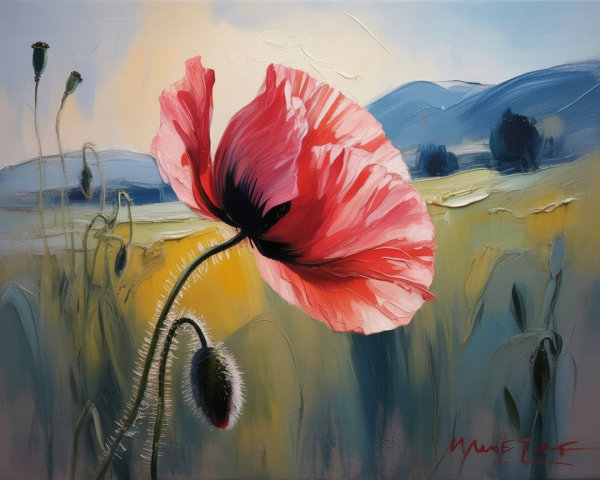 Vibrant Poppy Flower Against Serene Rolling Hills