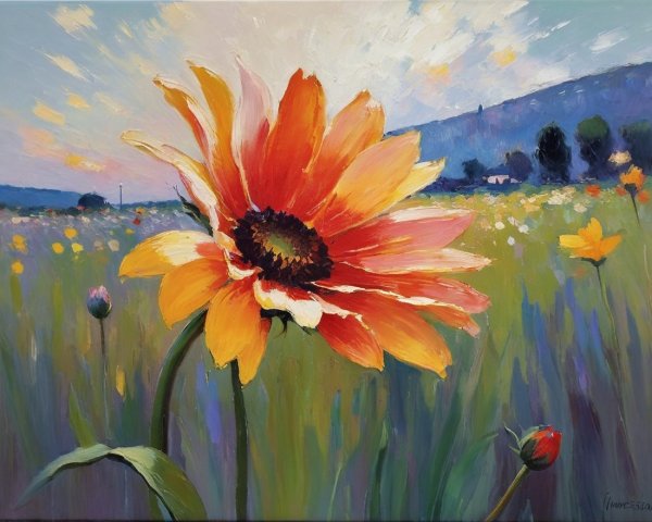 Vibrant Sunflower in Colorful Field Under Blue Sky