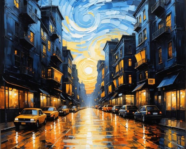 Vibrant City Street with Yellow Lights and Classic Cars