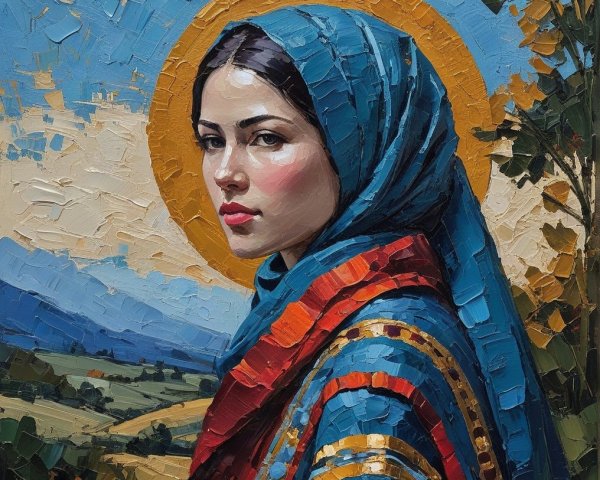 Young woman in blue headscarf against vibrant landscape