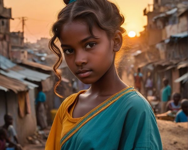 Young girl in colorful outfit at urban sunset scene