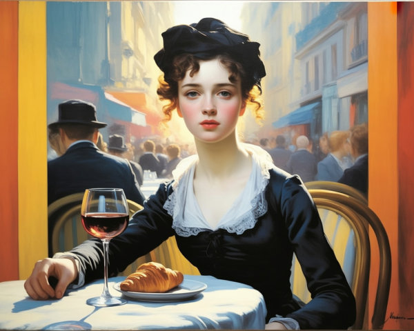 Young woman in vintage dress at café with wine