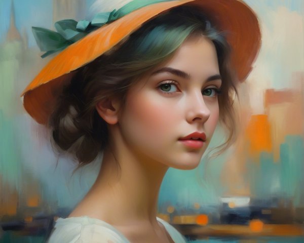 Young Woman in Wide-Brimmed Hat with City Background