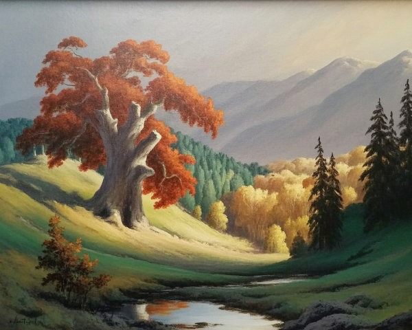 Serene Landscape with Majestic Tree and Stream