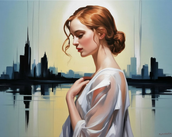 Woman with auburn hair by a serene city skyline