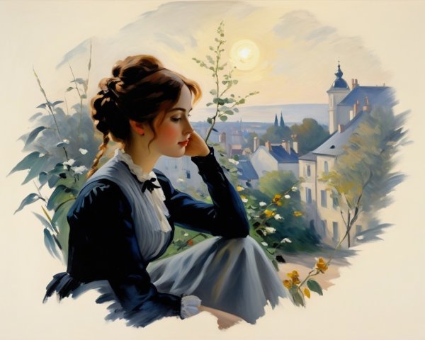 Contemplative Young Woman in Vintage Dress by Window