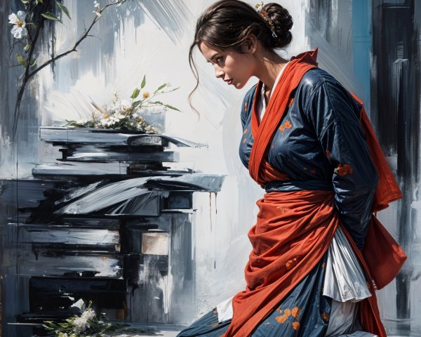 Young woman in vibrant kimono surrounded by abstract florals