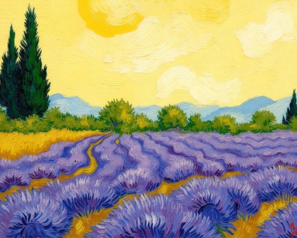 Vibrant Lavender Fields Under Yellow Sky Landscape