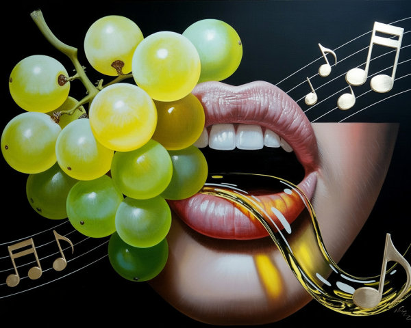 Vibrant Artwork of Lips and Grapes with Musical Notes