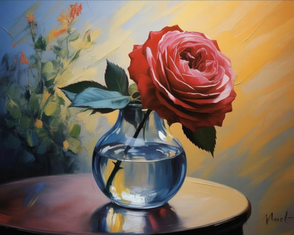 Vibrant Rose in Glass Vase on Wooden Table