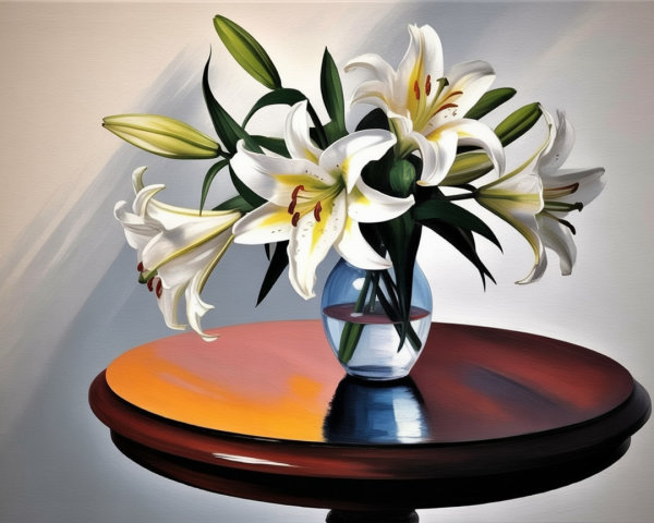 Elegant White Lilies in Glass Vase on Wooden Table