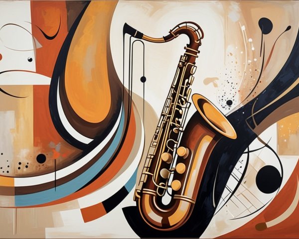 Vibrant Abstract Painting with Golden Saxophone and Music Elements