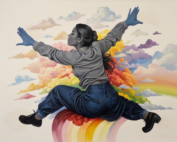 Dynamic Woman Leaping Over a Vibrant Rainbow
