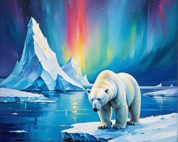 Polar Bear on Ice Floe Under Aurora Borealis