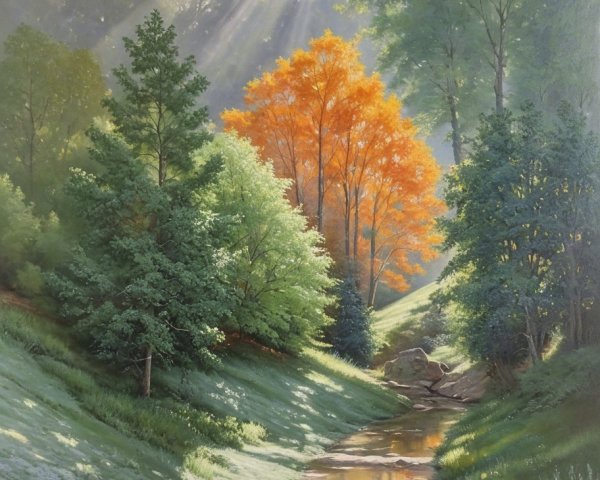 Serene Landscape with Stream and Vibrant Green Hills