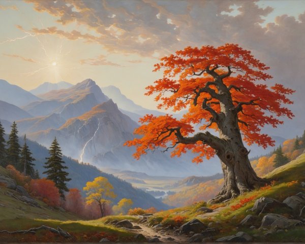 Vibrant Landscape with Orange Tree and Mountains