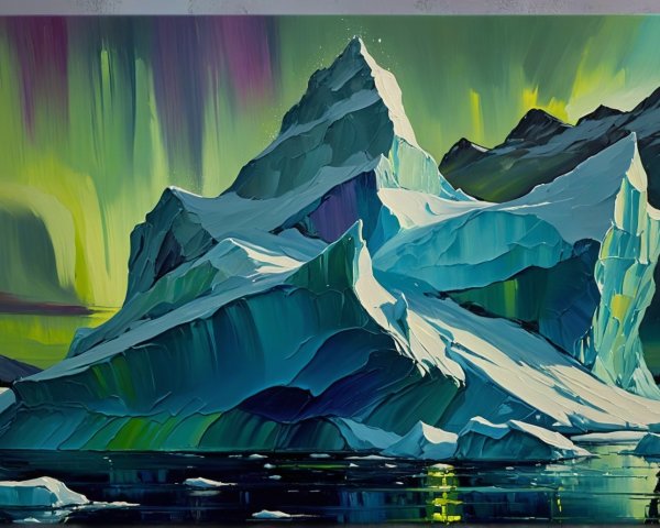 Icy Mountain and Ocean Under Aurora Borealis