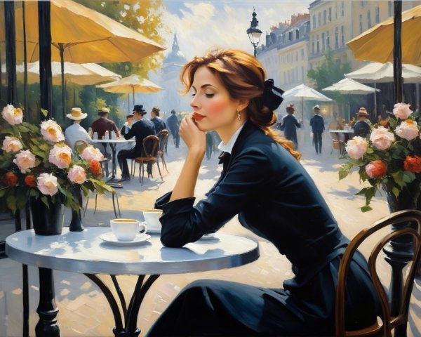 Serene outdoor café scene with vibrant roses and patrons