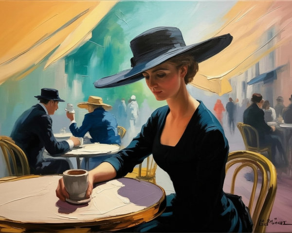 Elegant woman in black hat at city café table