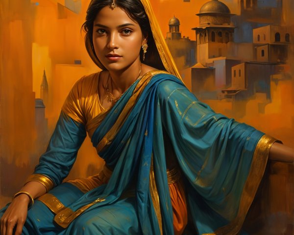 Young Woman in Traditional Outfit Against Cityscape