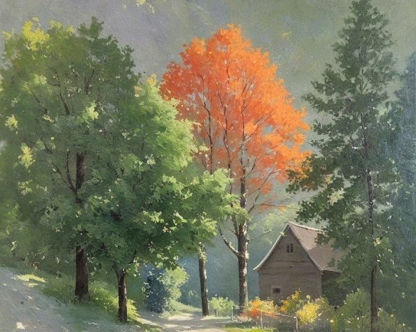 Serene Landscape with Cottage and Vibrant Trees