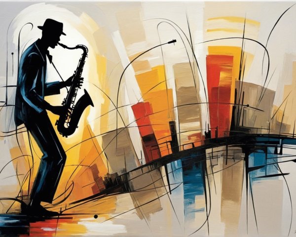 Abstract Artwork of Silhouetted Saxophonist in Colorful Scene